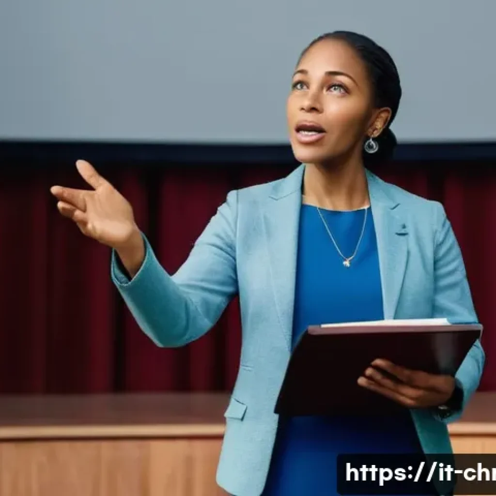 기독교와 퍼블릭 스피킹 - A confident public speaker delivering a faith-based speech on stage, wearing modest, professional cl...