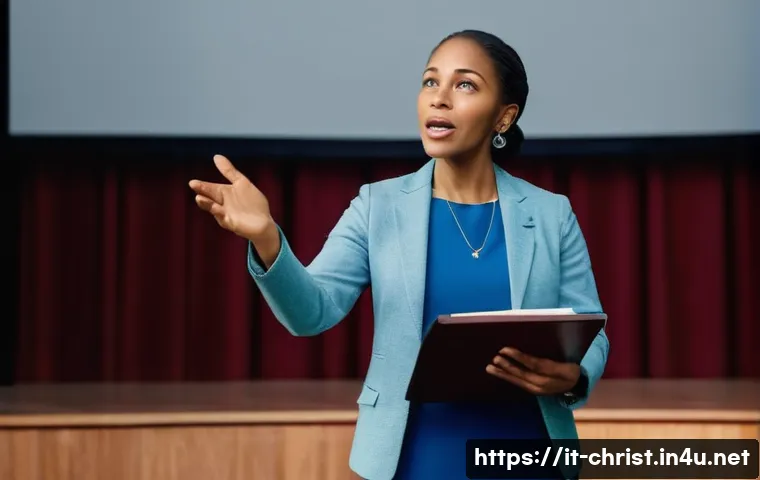 기독교와 퍼블릭 스피킹 - A confident public speaker delivering a faith-based speech on stage, wearing modest, professional cl...