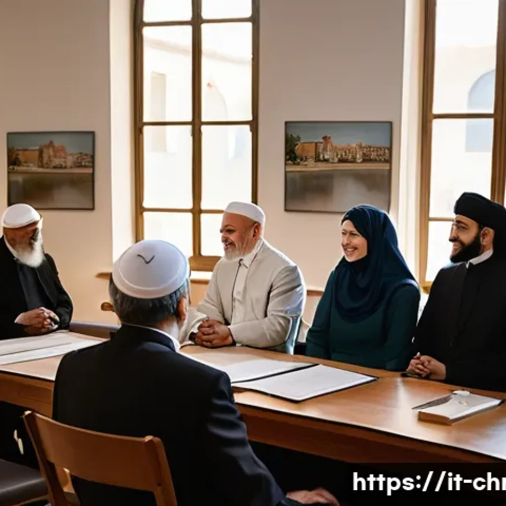 기독교와 타종교 간 대화 - A diverse group of people representing Christianity, Judaism, and Islam gathered in a bright, modern...