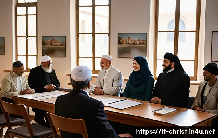 기독교와 타종교 간 대화 - A diverse group of people representing Christianity, Judaism, and Islam gathered in a bright, modern...