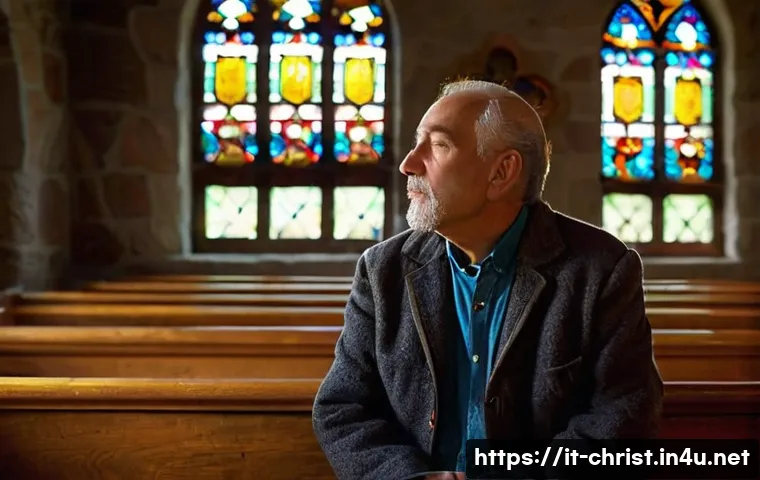 기독교의 영성 훈련 - A serene scene of a middle-aged Italian man sitting quietly in a rustic church pew, eyes closed in p...