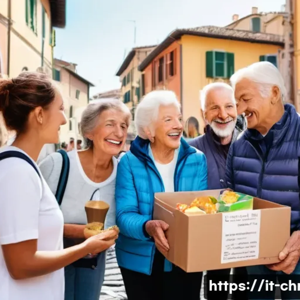 기독교와 기부문화 - A warm and heartfelt scene of a diverse group of volunteers in a sunny Italian village square, weari...