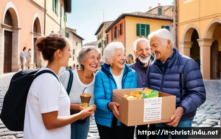 기독교와 기부문화 - A warm and heartfelt scene of a diverse group of volunteers in a sunny Italian village square, weari...