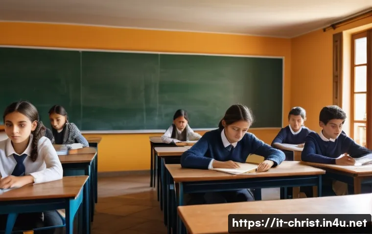기독교와 교육 선교 - A serene classroom scene in an Italian school where diverse students engage in a collaborative group...