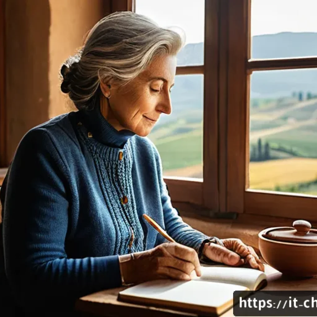 기독교와 하나님 중심 삶 - A serene morning scene in an Italian countryside home featuring a middle-aged woman sitting peaceful...
