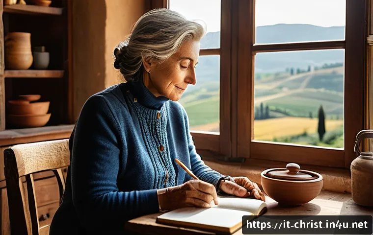 기독교와 하나님 중심 삶 - A serene morning scene in an Italian countryside home featuring a middle-aged woman sitting peaceful...