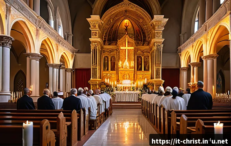 기독교와 봉헌 - A serene interior scene of a traditional Italian church during a consecration ceremony, showing a di...