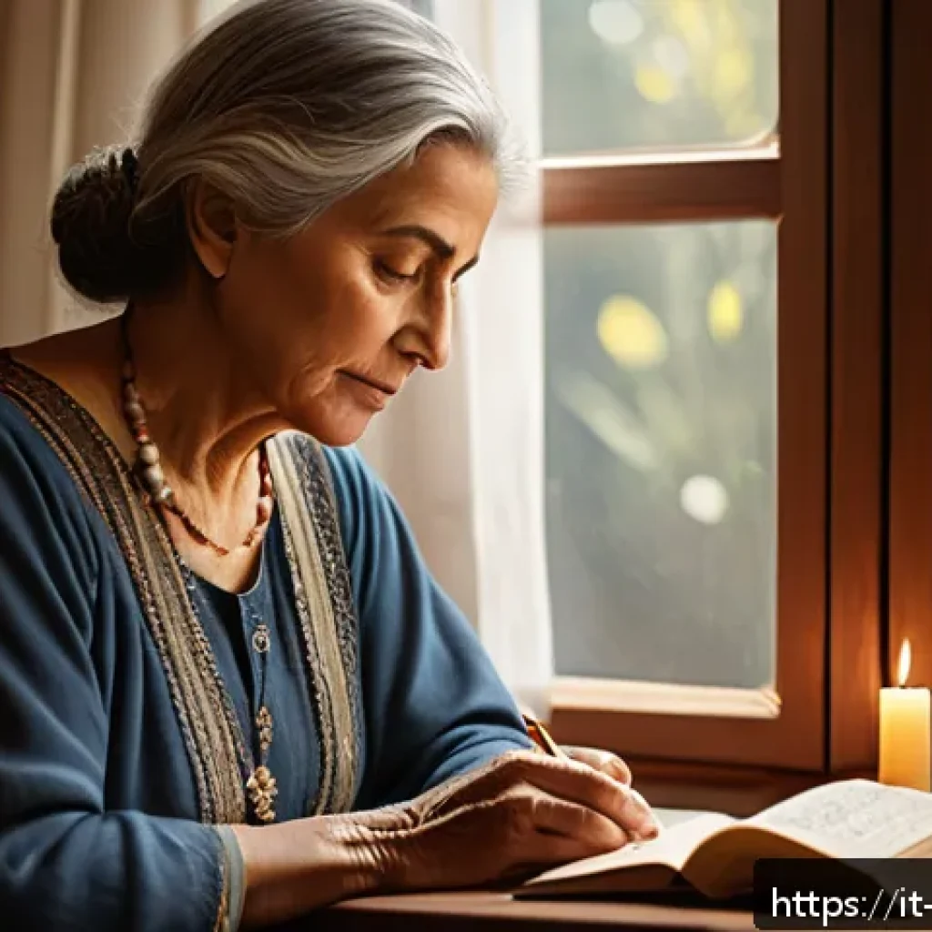 기독교와 시간 관리 - A serene indoor scene depicting a middle-aged Italian woman sitting peacefully by a window in a cozy...