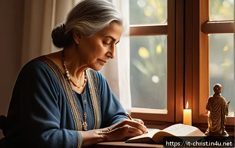 기독교와 시간 관리 - A serene indoor scene depicting a middle-aged Italian woman sitting peacefully by a window in a cozy...