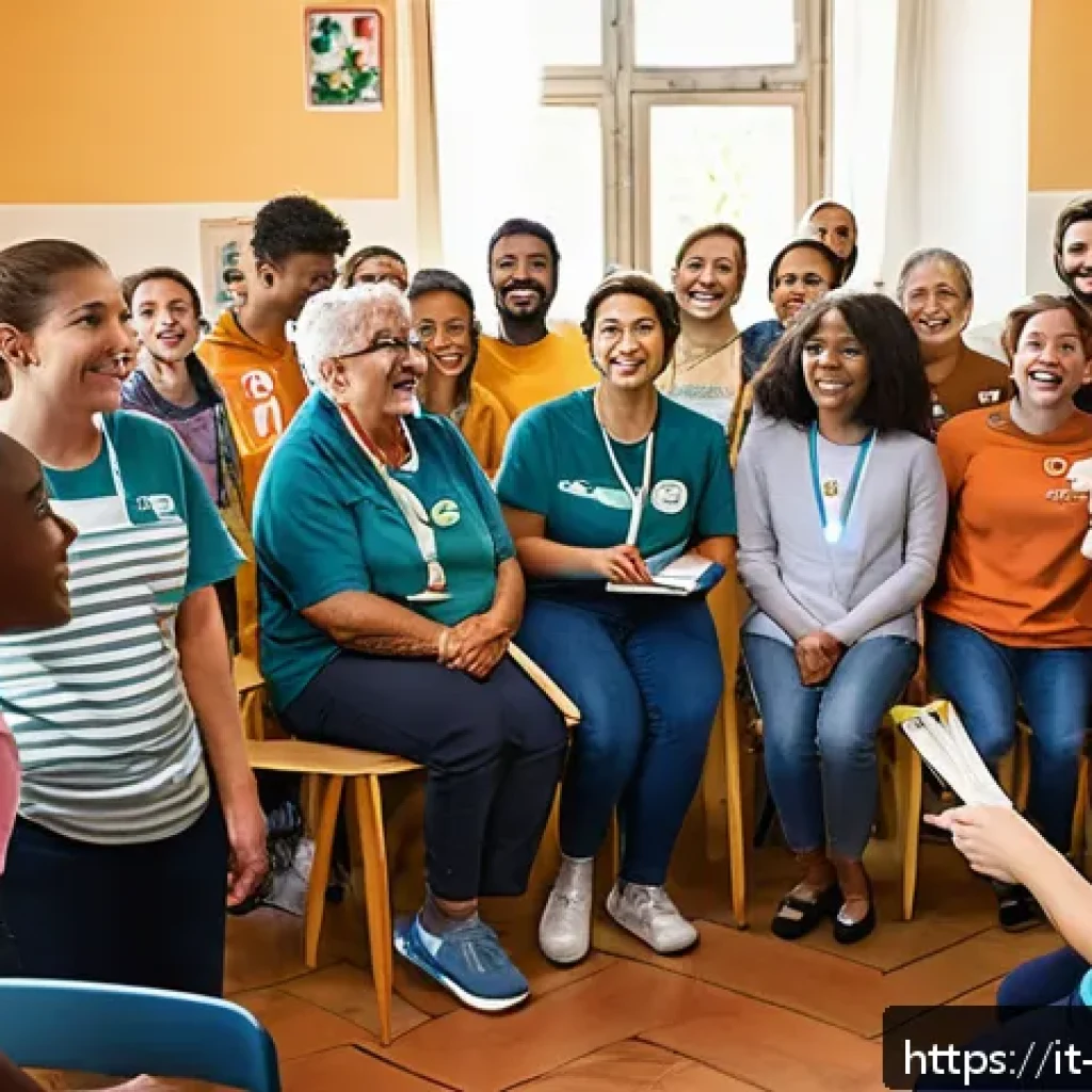 기독교와 자원봉사 - A warm and uplifting scene of diverse volunteers in Italy gathered in a sunlit community center, eng...