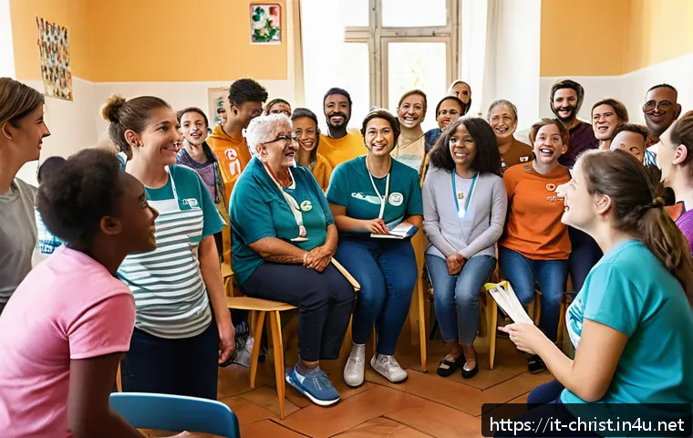 기독교와 자원봉사 - A warm and uplifting scene of diverse volunteers in Italy gathered in a sunlit community center, eng...