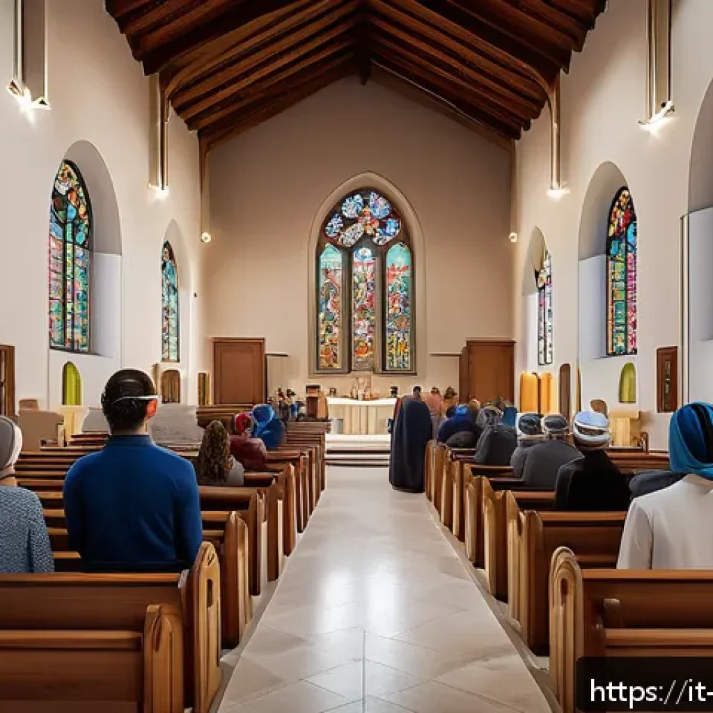 기독교와 가상현실 VR - A modern Italian parish church interior digitally rendered in virtual reality, showing diverse adult...