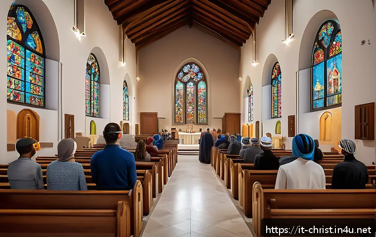 기독교와 가상현실 VR - A modern Italian parish church interior digitally rendered in virtual reality, showing diverse adult...