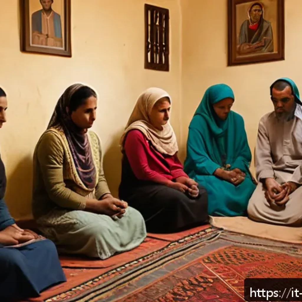 기독교 박해 국가 - A discreet Christian worship gathering inside a modest North African home, showing a diverse group o...
