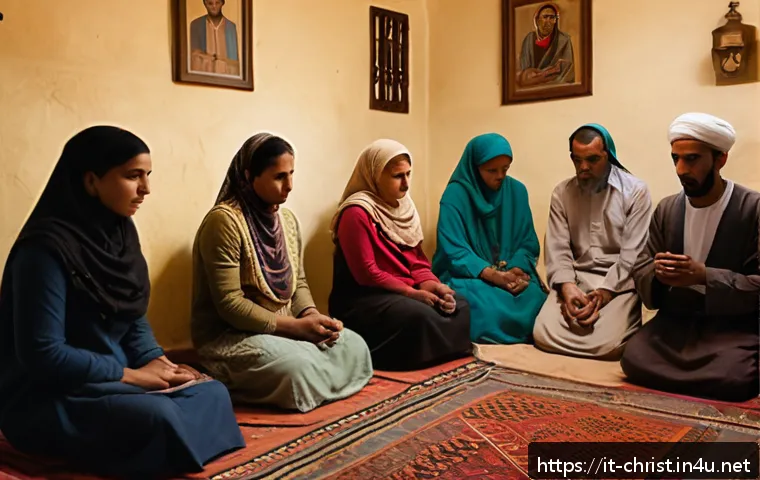 기독교 박해 국가 - A discreet Christian worship gathering inside a modest North African home, showing a diverse group o...