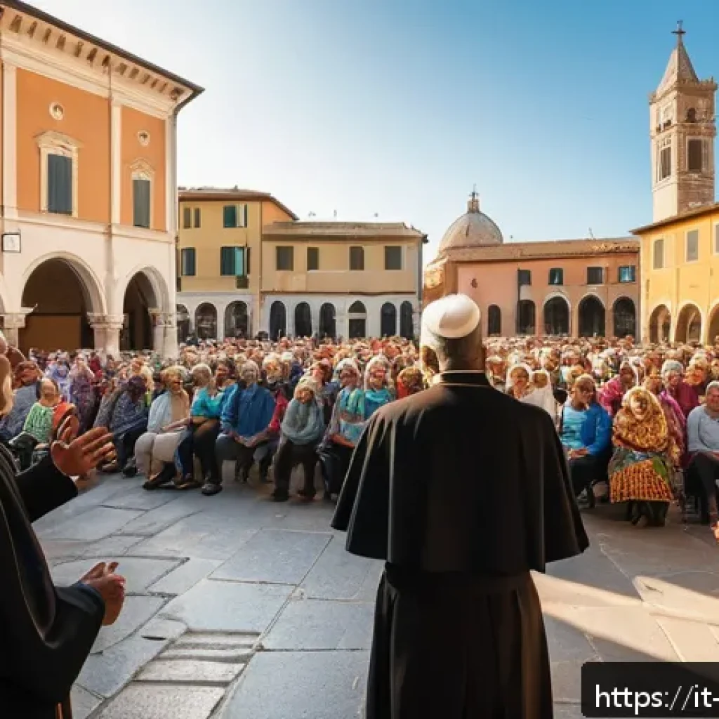 기독교의 미래 전망 - A vibrant Italian parish community gathering outdoors in a sunlit piazza, diverse group of people in...