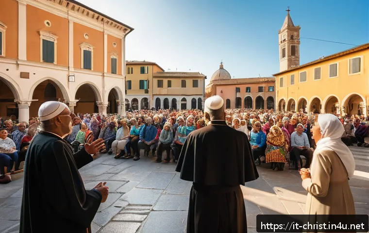 기독교의 미래 전망 - A vibrant Italian parish community gathering outdoors in a sunlit piazza, diverse group of people in...