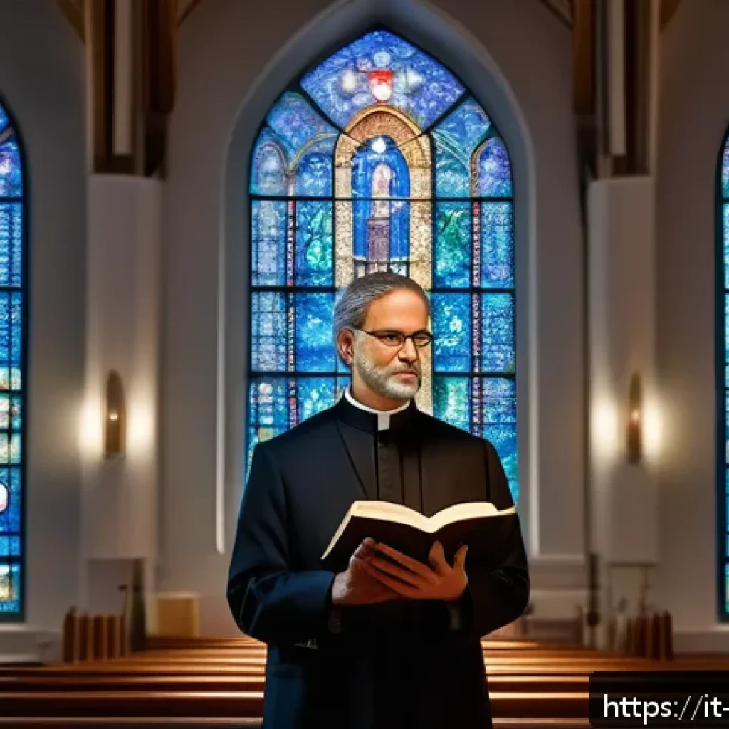 기독교와 인공지능 - A thoughtful, modern Christian theologian in a serene church setting, surrounded by advanced digital...