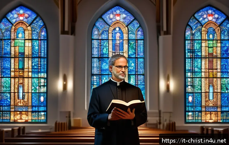 기독교와 인공지능 - A thoughtful, modern Christian theologian in a serene church setting, surrounded by advanced digital...