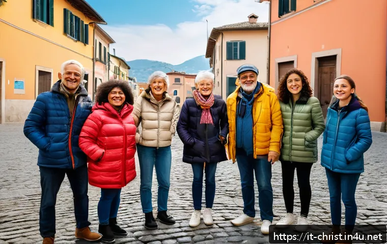 기독교와 선교사의 삶 - A diverse group of Italian community volunteers in a small town square, warmly interacting and colla...