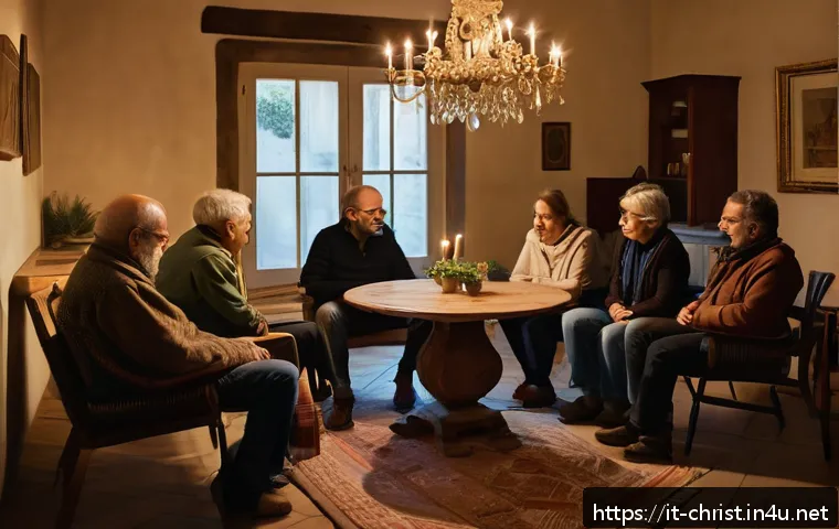 기독교와 가정교회 - A cozy small group gathering in a warmly lit Italian home, about a dozen diverse adults sitting in a...