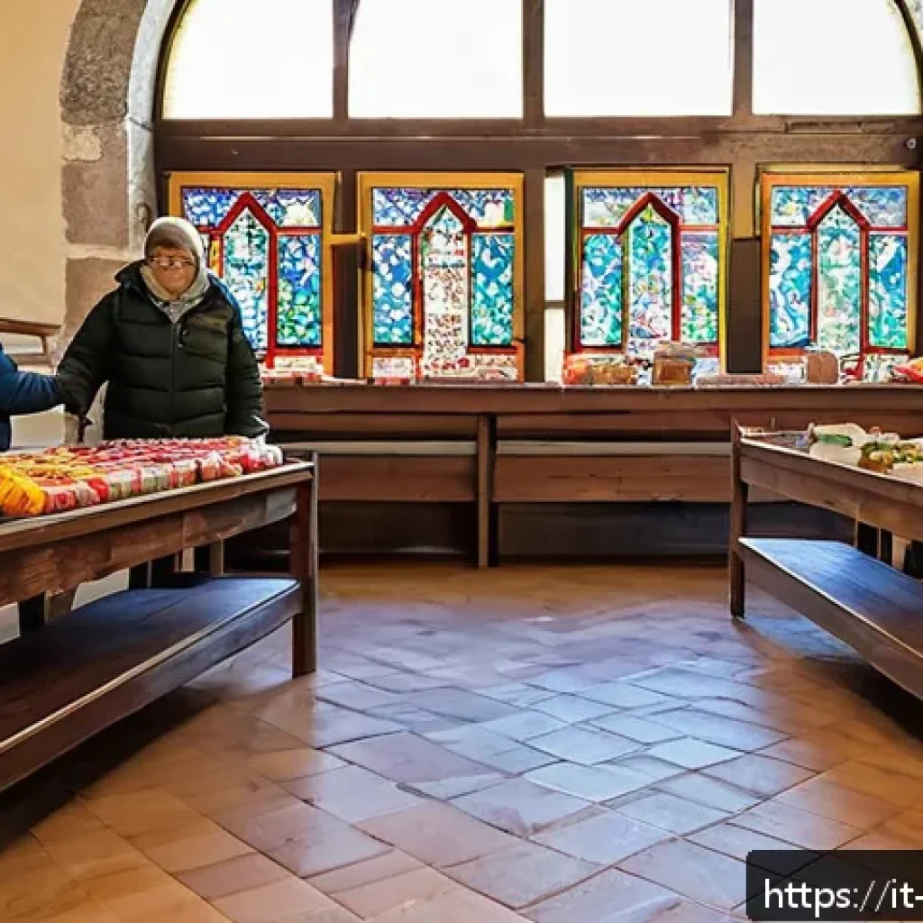 기독교와 빈곤 문제 - A warm and welcoming Italian parish community center in a small town, showing diverse families and v...