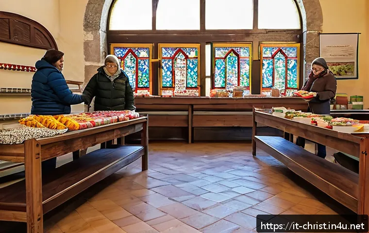 기독교와 빈곤 문제 - A warm and welcoming Italian parish community center in a small town, showing diverse families and v...