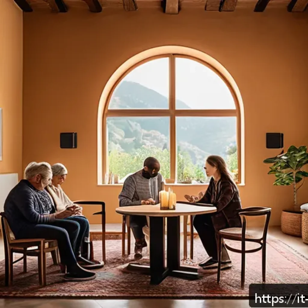 기독교의 속회 운동 - A warm and inviting small faith group gathering in a cozy modern living room in Italy, featuring div...