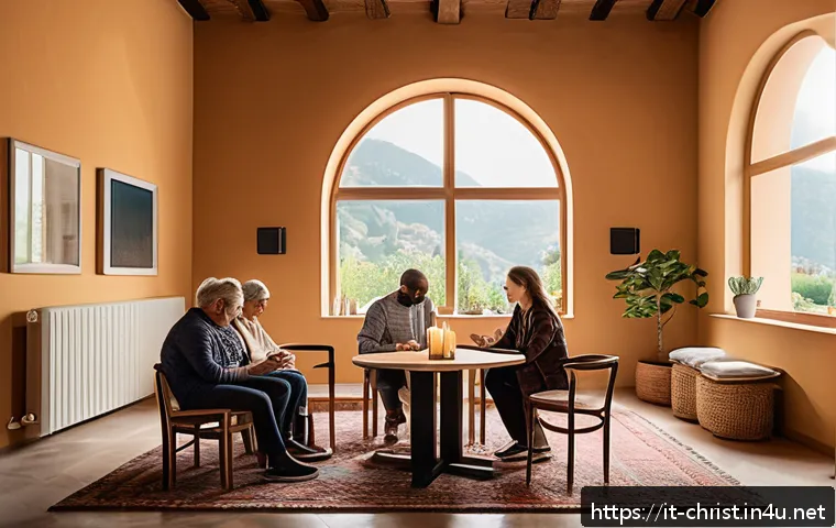 기독교의 속회 운동 - A warm and inviting small faith group gathering in a cozy modern living room in Italy, featuring div...