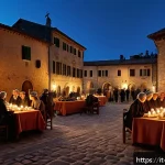 Home 22 기독교와 음모론 - A detailed, atmospheric scene depicting an ancient Italian village square at dusk, where local peopl...