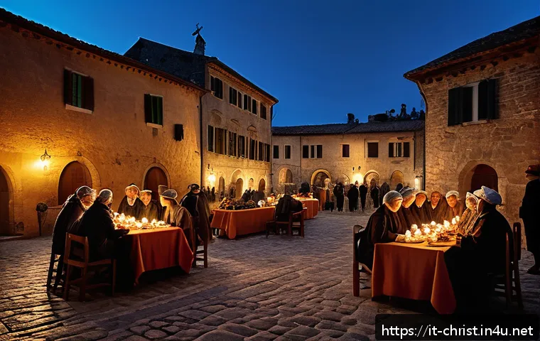 기독교와 음모론 - A detailed, atmospheric scene depicting an ancient Italian village square at dusk, where local peopl...