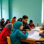 Home 21 기독교와 난민 이슈 - A warm and welcoming Italian parish community center, bustling with diverse groups of refugees and m...