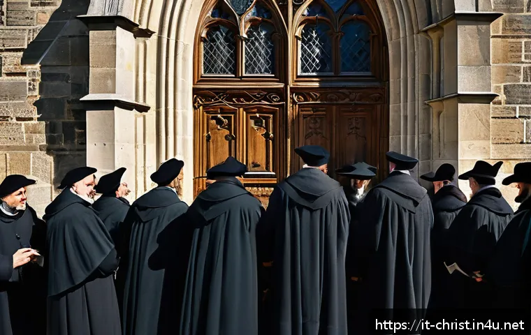 기독교 종교개혁 - A detailed historical scene depicting Martin Luther in 1517, nailing his 95 Theses to the door of th...