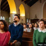 Home 23 기독교와 워십 리더 - A warm and inviting church worship scene focused on deep community connection: a diverse group of ad...