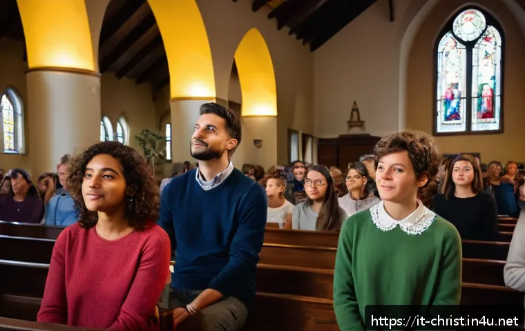 기독교와 워십 리더 - A warm and inviting church worship scene focused on deep community connection: a diverse group of ad...