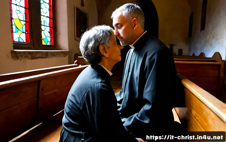 Home 17 기독교와 자살 예방 - Photorealistic scene inside a quiet historic Italian church at sunrise, a compassionate priest in si...