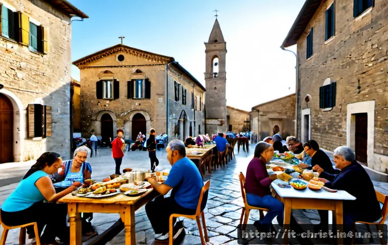 기독교와 문화 선교 - Photorealistic community cultural outreach in a sunlit Italian parish courtyard, diverse Italian adu...