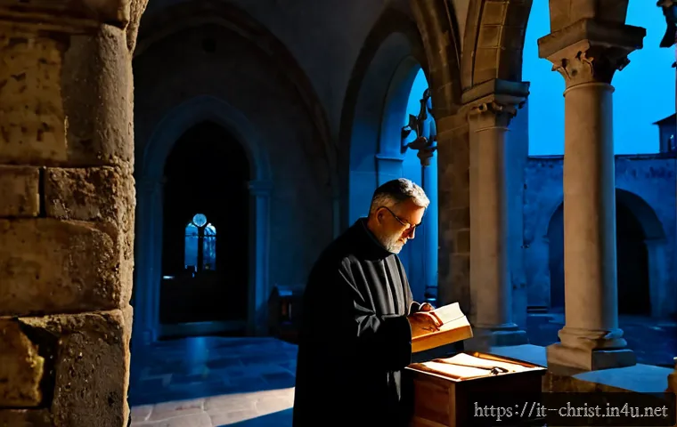 기독교와 비밀 결사 - Photorealistic interior of a historic Italian church at twilight, a thoughtful middle-aged researche...