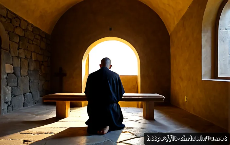 기독교와 금욕주의 - Photorealistic interior of a simple Italian monastery chapel at dawn, an adult monk in a modest dark...