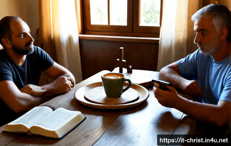 기독교와 성경공부 - Photorealistic Christian Bible study in a sunlit Italian home, three adult friends seated around a r...
