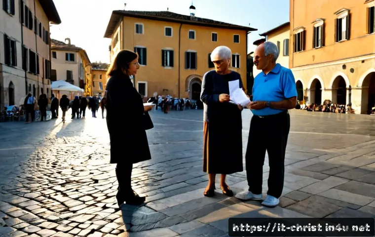 기독교와 정치 이슈 - Photorealistic editorial scene in an Italian town square at golden hour, a historic Catholic church ...
